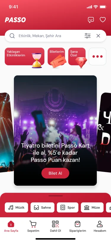 PASSO SuperApp home screen — event and venue discovery