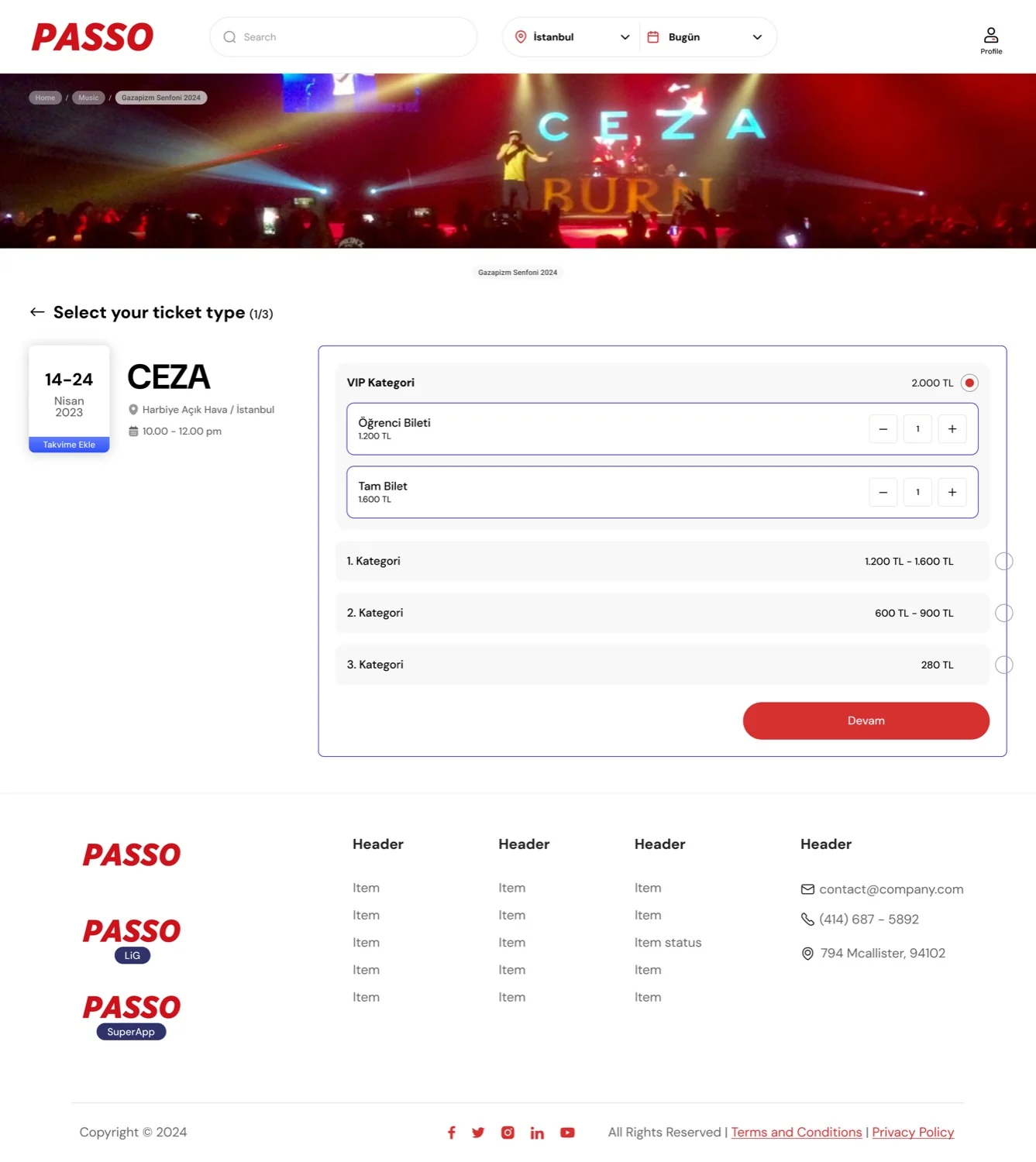 PASSO ticket-type selection for a concert